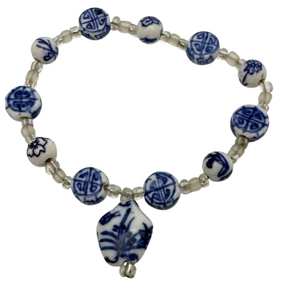 Vintage Blue White Porcelain Bead Bracelet Hand Painted Asian Symbols - Picture 5 of 5